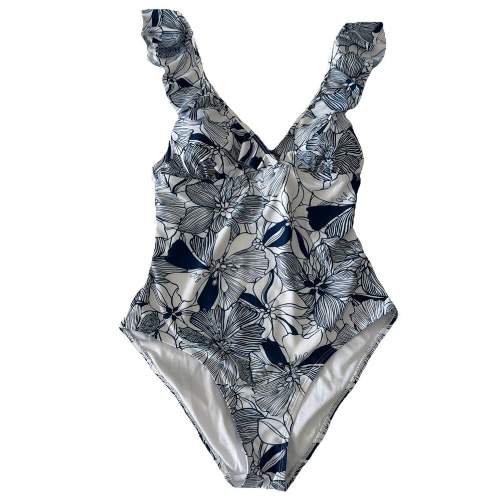 Stella Parker Sz L One Piece Swimsuit Floral Ruffle Tummy Control Navy White EUC